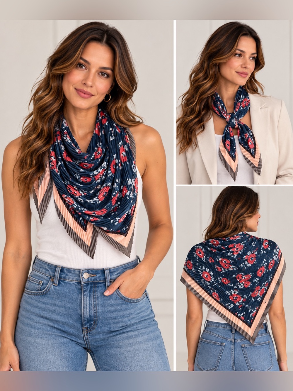 Pleated Floral Square Scarf - Navy and Coral